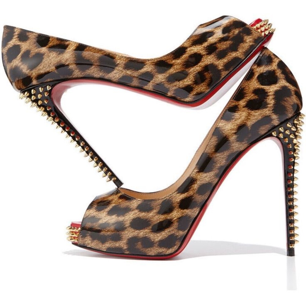 Leopard and Gold Studded Stiletto Peep-Toe Heels